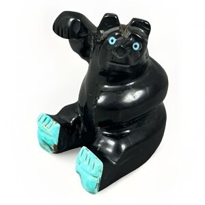 Handcarved Jet & Turquoise Navajo Zuni Fetish Seated Bear Julie Norton Signed